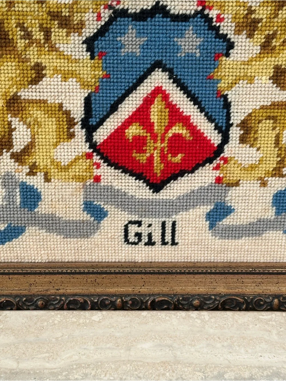 Handcrafted Heraldic Lion Needlepoint Wall Art in Gold / Blue GILL FAMILY CREST